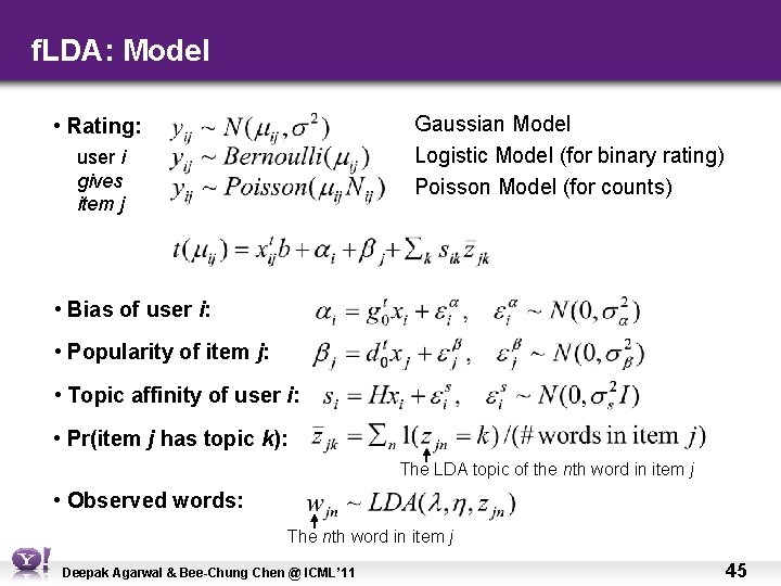 f. LDA: Model Gaussian Model Logistic Model (for binary rating) Poisson Model (for counts)