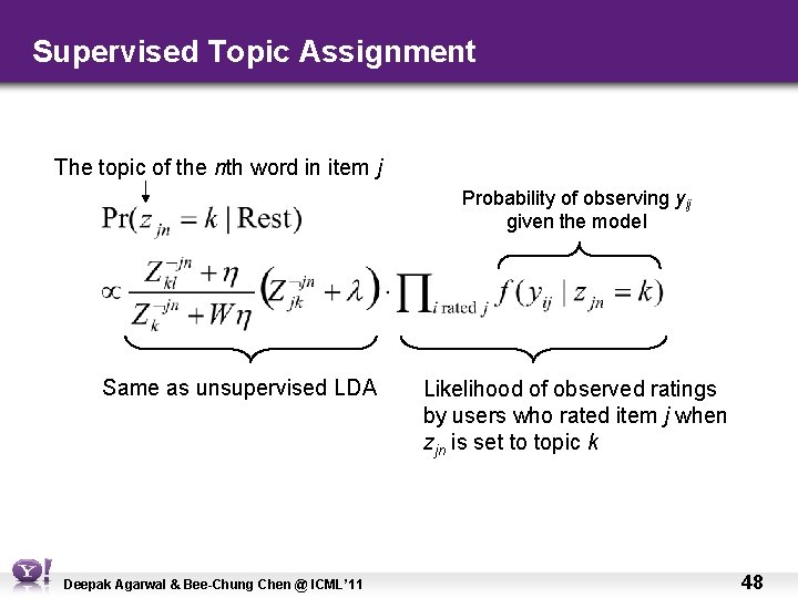 Supervised Topic Assignment The topic of the nth word in item j Probability of