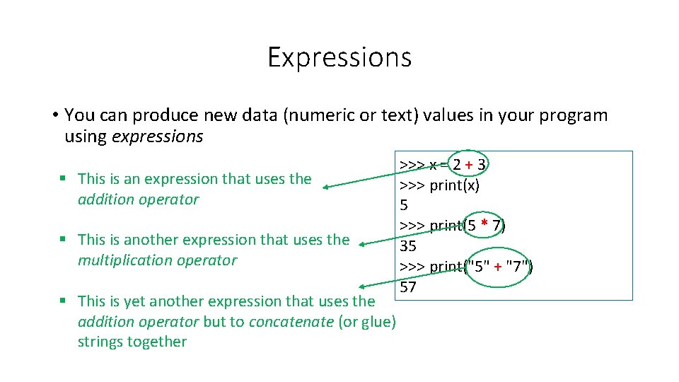 Expressions • You can produce new data (numeric or text) values in your program