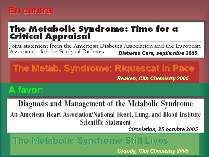 En contra: Diabetes Care, septiembre 2005 The Metab. Syndrome: Riquescat in Pace Reaven, Clin