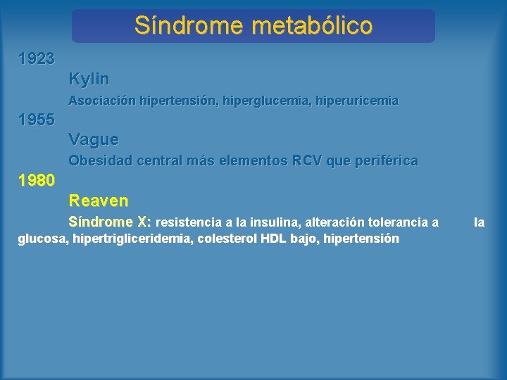 Síndrome metabólico 1923 Kylin Asociación hipertensión, hiperglucemia, hiperuricemia 1955 Vague Obesidad central más elementos