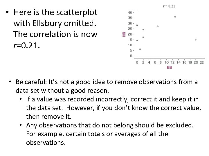  • Here is the scatterplot with Ellsbury omitted. The correlation is now r=0.