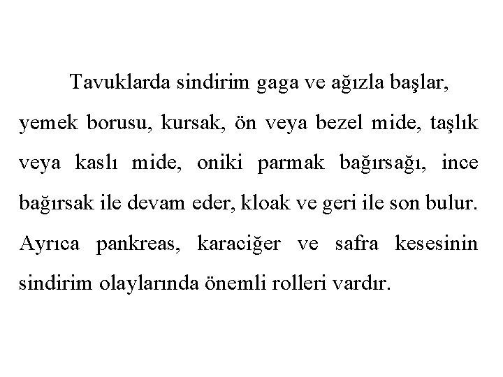 Tavuklarda sindirim gaga ve ağızla başlar, yemek borusu, kursak, ön veya bezel mide, taşlık