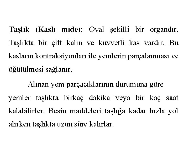 Taşlık (Kaslı mide): Oval şekilli bir organdır. Taşlıkta bir çift kalın ve kuvvetli kas