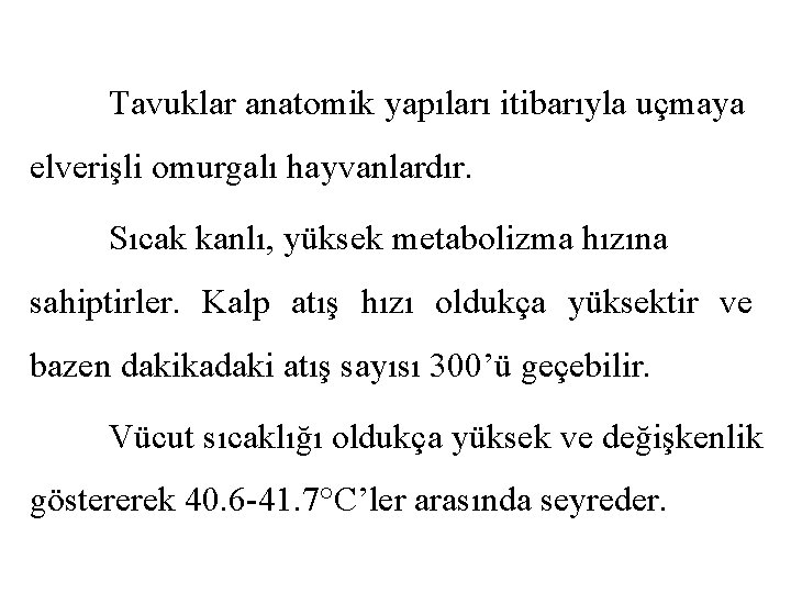 Tavuklar anatomik yapıları itibarıyla uçmaya elverişli omurgalı hayvanlardır. Sıcak kanlı, yüksek metabolizma hızına sahiptirler.