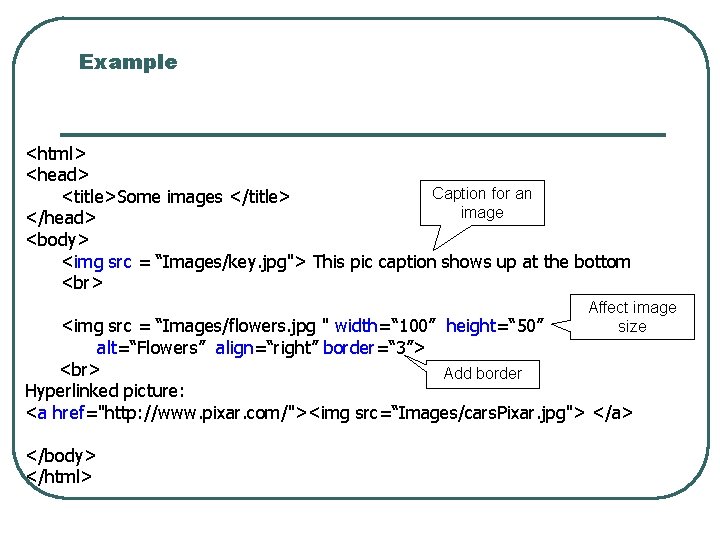 Example <html> <head> Caption for an <title>Some images </title> image </head> <body> <img src