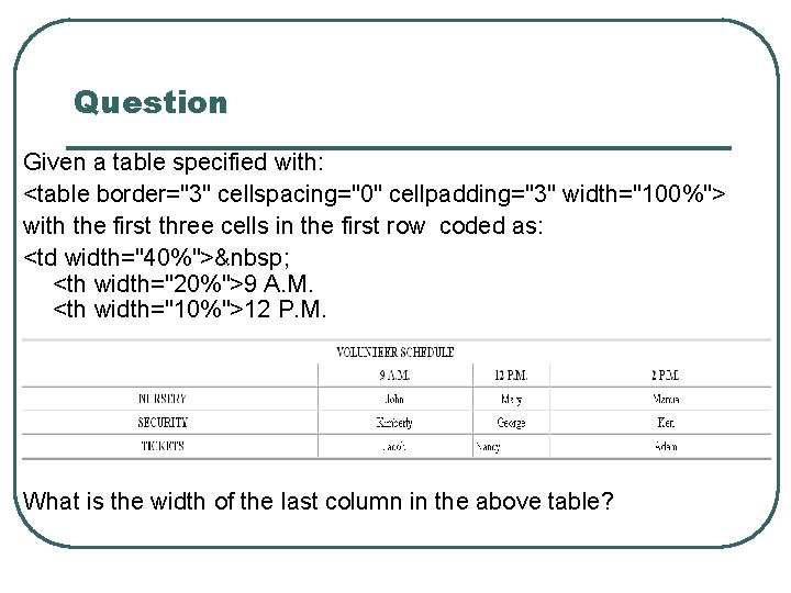 Question Given a table specified with: <table border="3" cellspacing="0" cellpadding="3" width="100%"> with the first