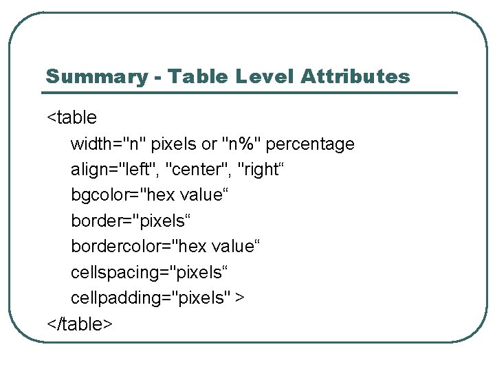 Summary - Table Level Attributes <table width="n" pixels or "n%" percentage align="left", "center", "right“