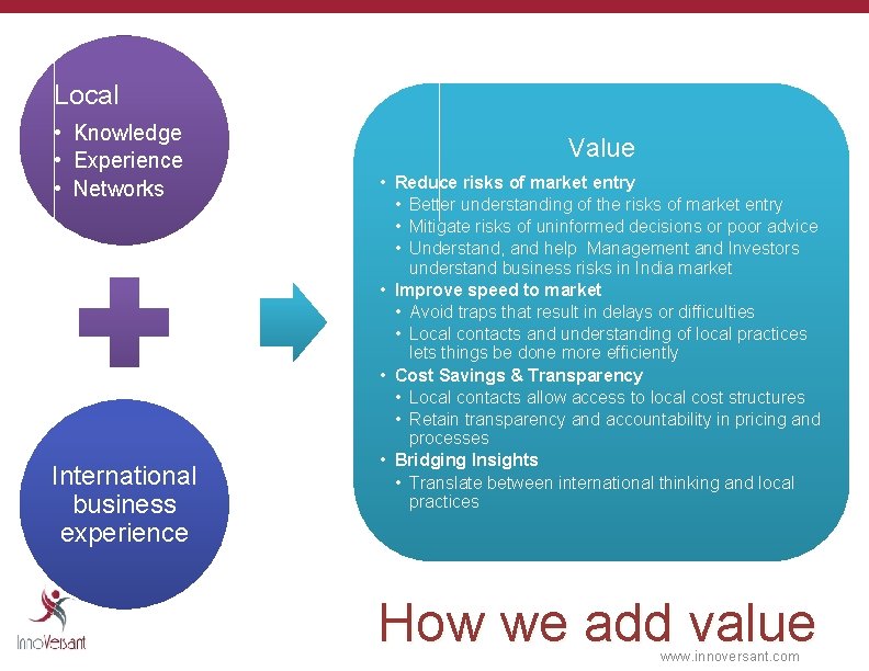 Local • Knowledge • Experience • Networks International business experience Value • Reduce risks