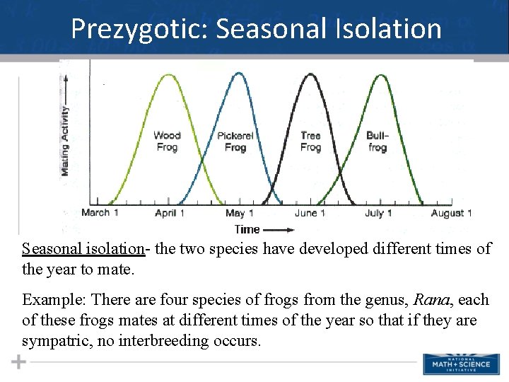 Prezygotic: Seasonal Isolation Seasonal isolation- the two species have developed different times of the