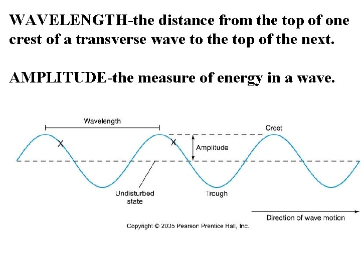 WAVELENGTH-the distance from the top of one crest of a transverse wave to the WAVELENGTH-the distance from the top of one crest of a transverse wave to the