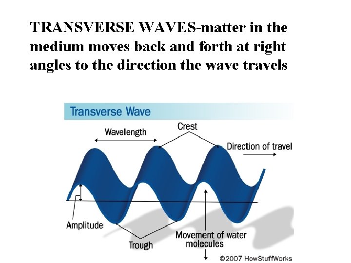 TRANSVERSE WAVES-matter in the medium moves back and forth at right angles to the