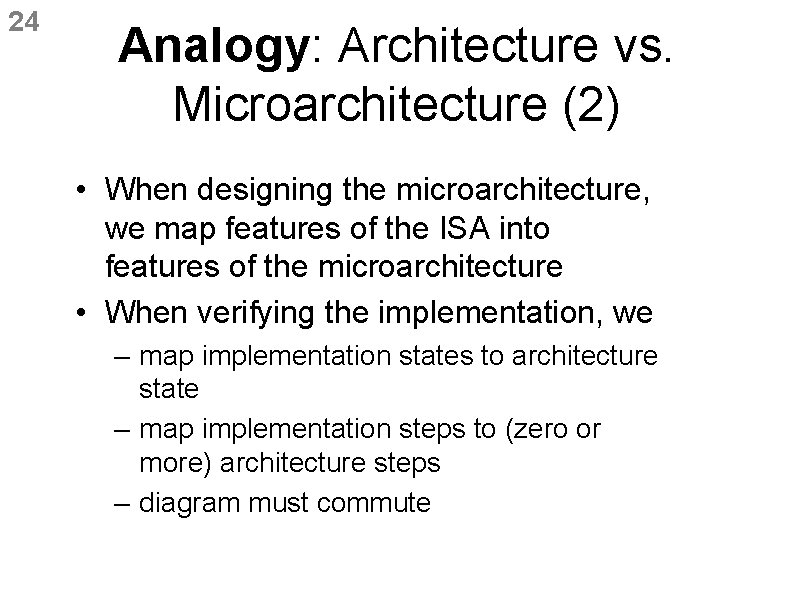24 Analogy: Architecture vs. Microarchitecture (2) • When designing the microarchitecture, we map features 24 Analogy: Architecture vs. Microarchitecture (2) • When designing the microarchitecture, we map features