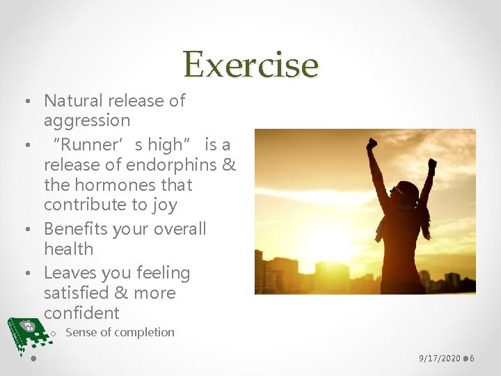 Exercise • Natural release of aggression • “Runner’s high” is a release of endorphins