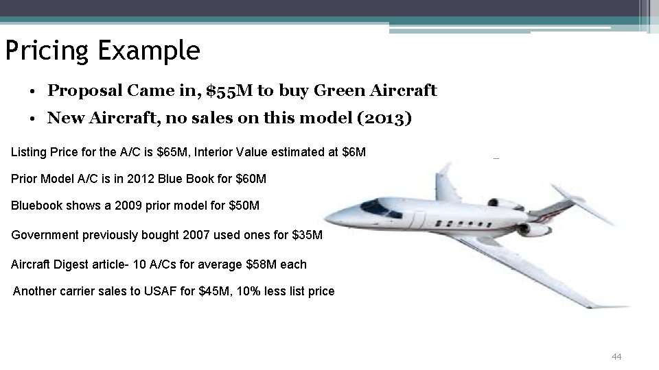 Pricing Example • Proposal Came in, $55 M to buy Green Aircraft • New