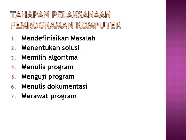 1. 2. 3. 4. 5. 6. 7. Mendefinisikan Masalah Menentukan solusi Memilih algoritma Menulis