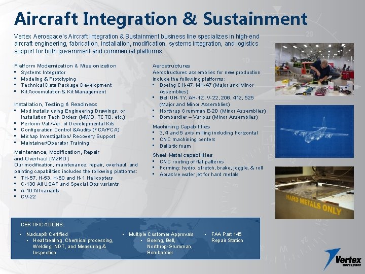 Aircraft Integration & Sustainment Vertex Aerospace’s Aircraft Integration & Sustainment business line specializes in