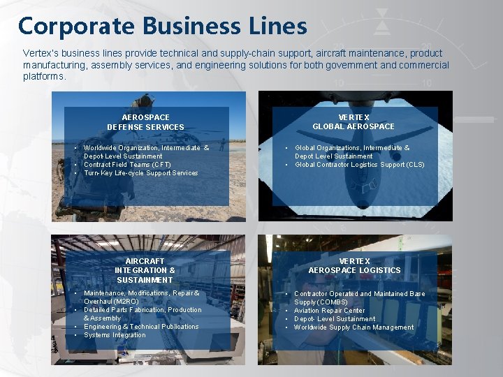 Corporate Business Lines Vertex’s business lines provide technical and supply-chain support, aircraft maintenance, product