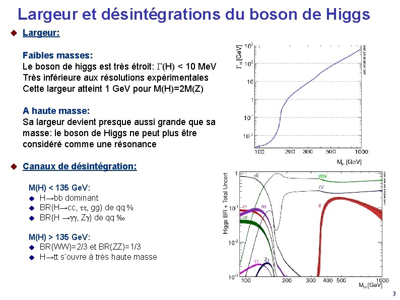 Largeur et désintégrations du boson de Higgs u Largeur: Faibles masses: Le boson de