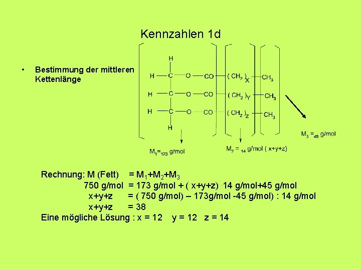 Kennzahlen 1 d • Bestimmung der mittleren Kettenlänge Rechnung: M (Fett) = M 1+M