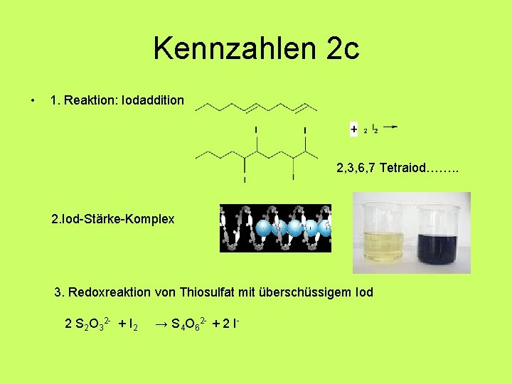 Kennzahlen 2 c • 1. Reaktion: Iodaddition 2, 3, 6, 7 Tetraiod……. . 2.
