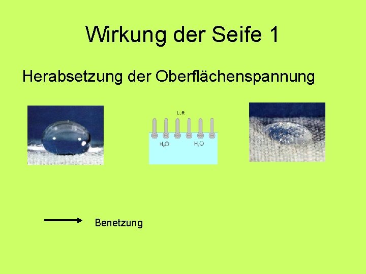 Wirkung der Seife 1 Herabsetzung der Oberflächenspannung Benetzung 