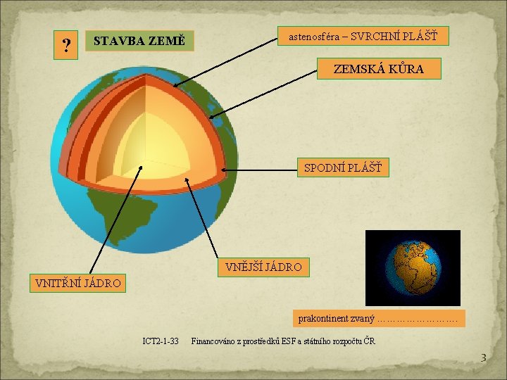 ? STAVBA ZEMĚ astenosféra – SVRCHNÍ PLÁŠŤ ZEMSKÁ KŮRA SPODNÍ PLÁŠŤ VNĚJŠÍ JÁDRO VNITŘNÍ