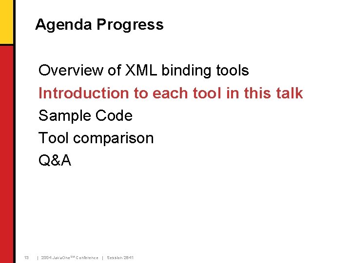 Agenda Progress Overview of XML binding tools Introduction to each tool in this talk