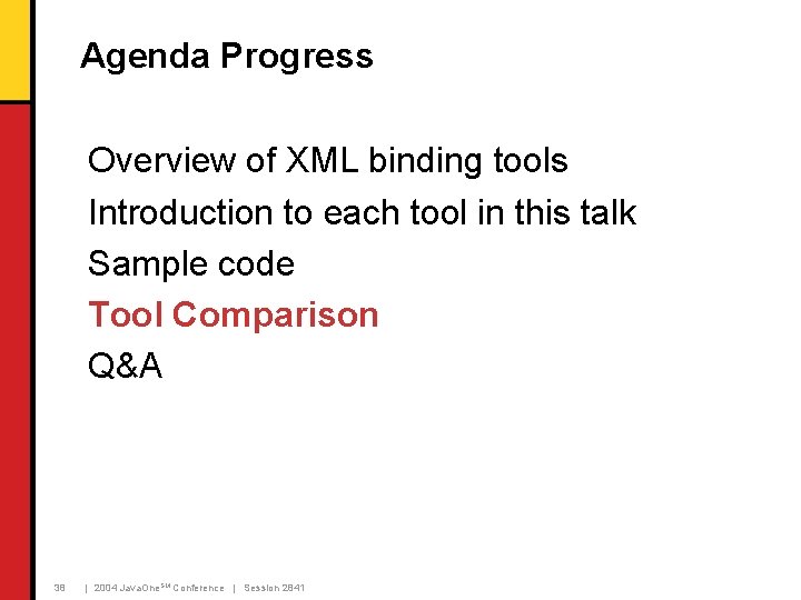 Agenda Progress Overview of XML binding tools Introduction to each tool in this talk