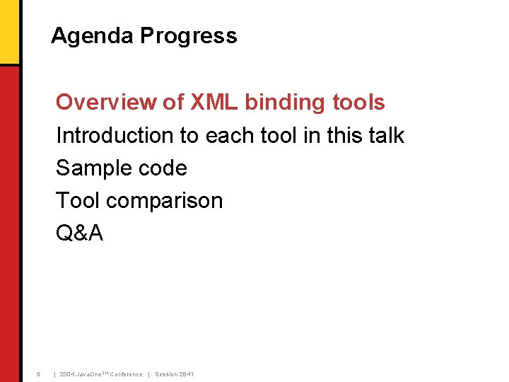 Agenda Progress Overview of XML binding tools Introduction to each tool in this talk