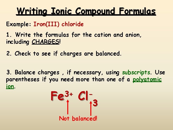 Writing Ionic Compound Formulas Example: Iron(III) chloride 1. Write the formulas for the cation