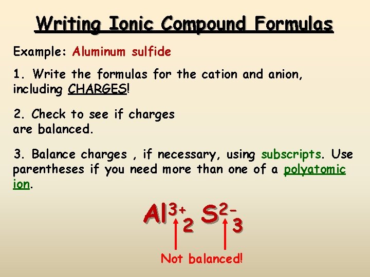 Writing Ionic Compound Formulas Example: Aluminum sulfide 1. Write the formulas for the cation