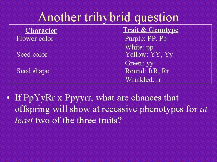 Another trihybrid question Character Flower color Seed shape Trait & Genotype Purple: PP. Pp