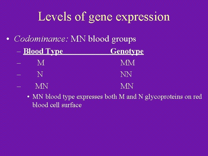 Levels of gene expression • Codominance: MN blood groups – Blood Type – M