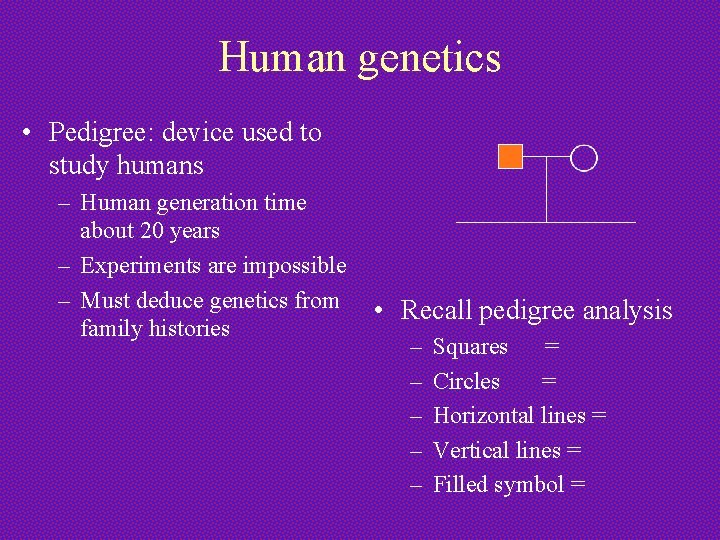 Human genetics • Pedigree: device used to study humans – Human generation time about