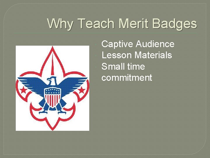 Why Teach Merit Badges Captive Audience Lesson Materials Small time commitment 