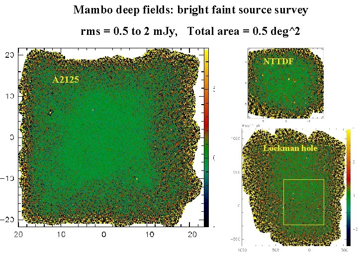 Mambo deep fields: bright faint source survey rms = 0. 5 to 2 m.