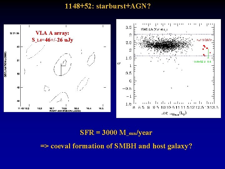 1148+52: starburst+AGN? VLA A array: S_1. 4=46+/-26 u. Jy SFR = 3000 M_sun/year =>