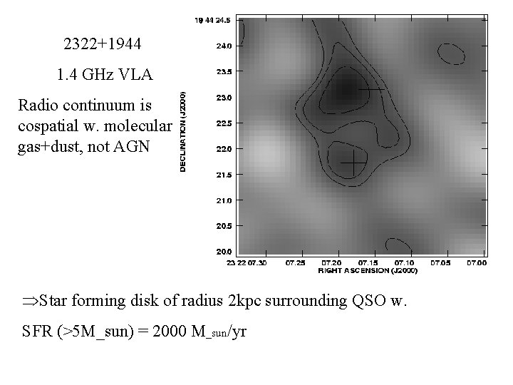 2322+1944 1. 4 GHz VLA Radio continuum is cospatial w. molecular gas+dust, not AGN