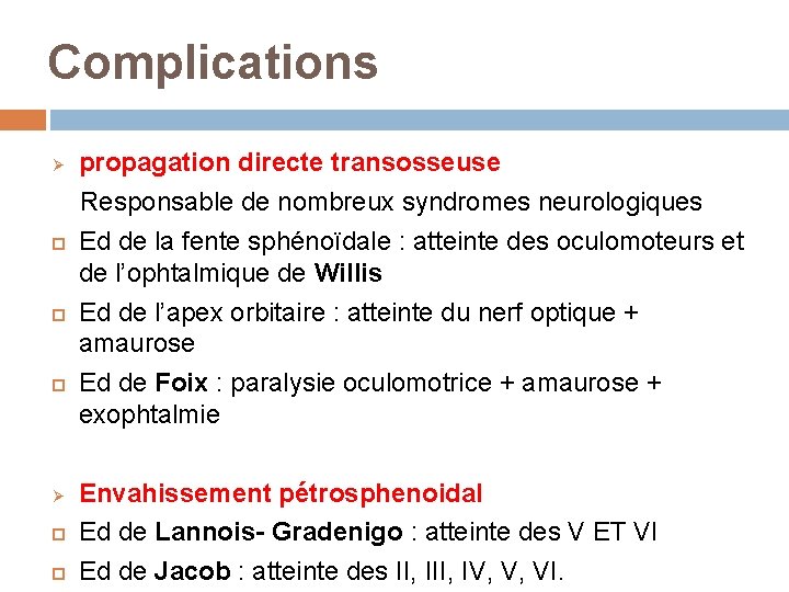 Complications propagation directe transosseuse Responsable de nombreux syndromes neurologiques Ed de la fente sphénoïdale