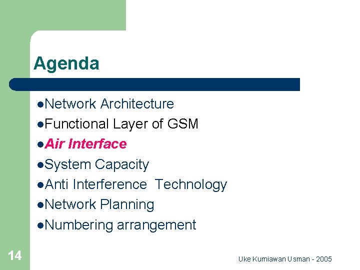 Agenda l. Network Architecture l. Functional Layer of GSM l. Air Interface l. System