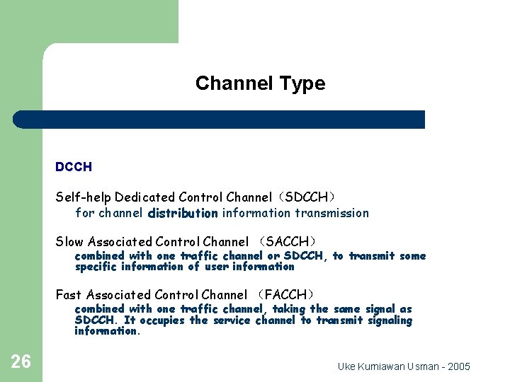 Channel Type DCCH Self-help Dedicated Control Channel（SDCCH） for channel distribution information transmission Slow Associated