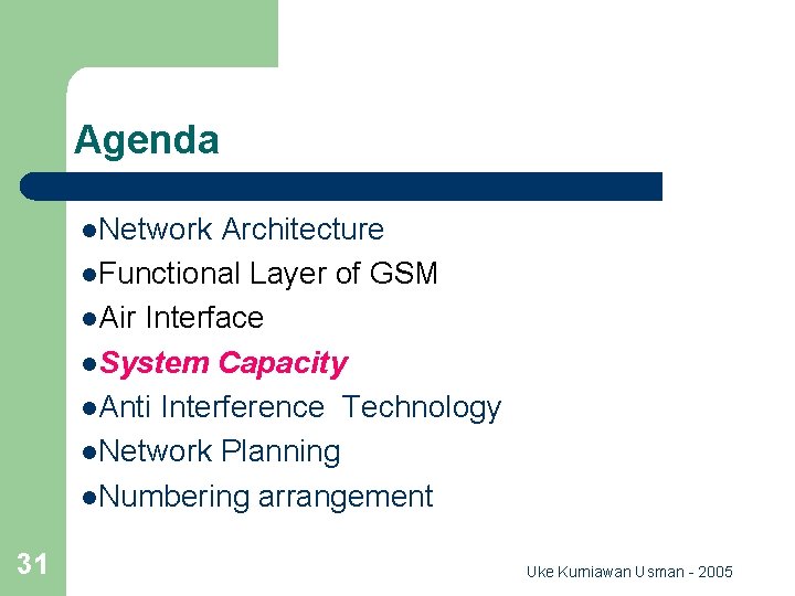 Agenda l. Network Architecture l. Functional Layer of GSM l. Air Interface l. System