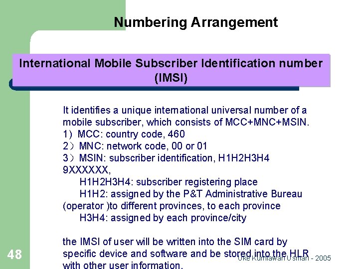 Numbering Arrangement International Mobile Subscriber Identification number (IMSI) It identifies a unique international universal