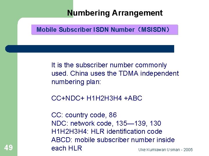 Numbering Arrangement Mobile Subscriber ISDN Number（MSISDN） It is the subscriber number commonly used. China