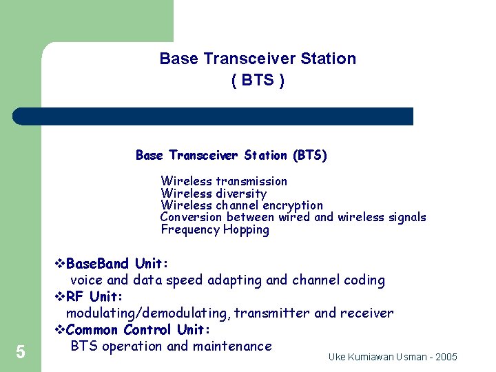 GSM Network Entity Base Transceiver Station ( BTS ) Base Transceiver Station (BTS) Wireless