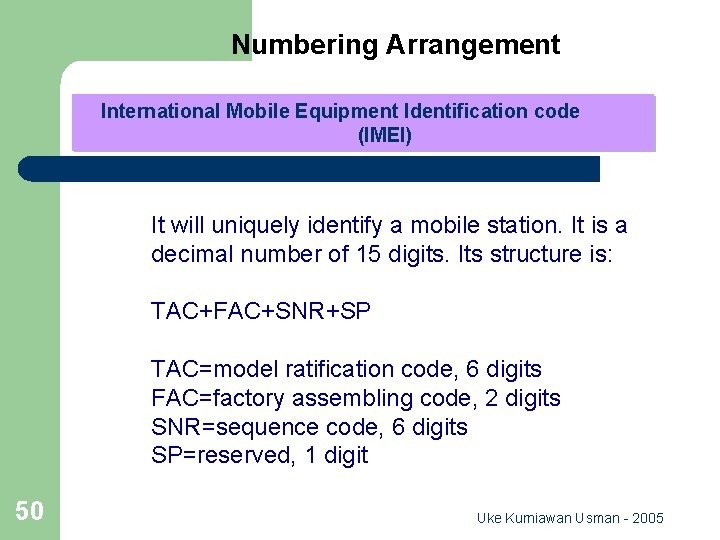 Numbering Arrangement International Mobile Equipment Identification code (IMEI) It will uniquely identify a mobile