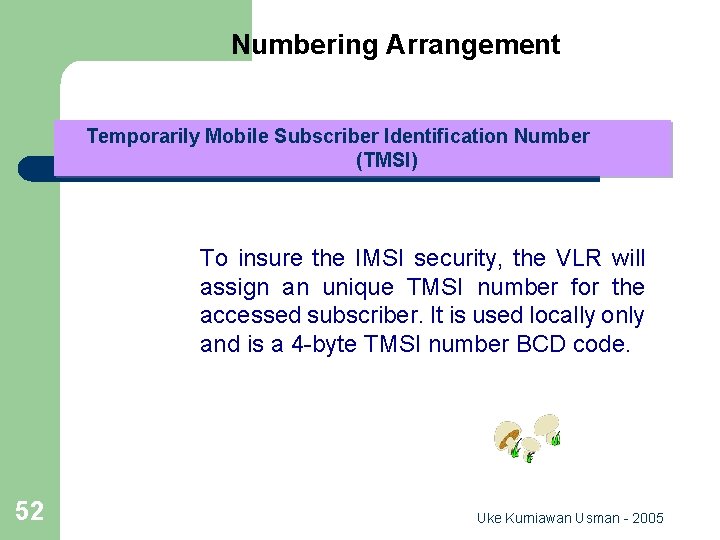Numbering Arrangement Temporarily Mobile Subscriber Identification Number (TMSI) To insure the IMSI security, the