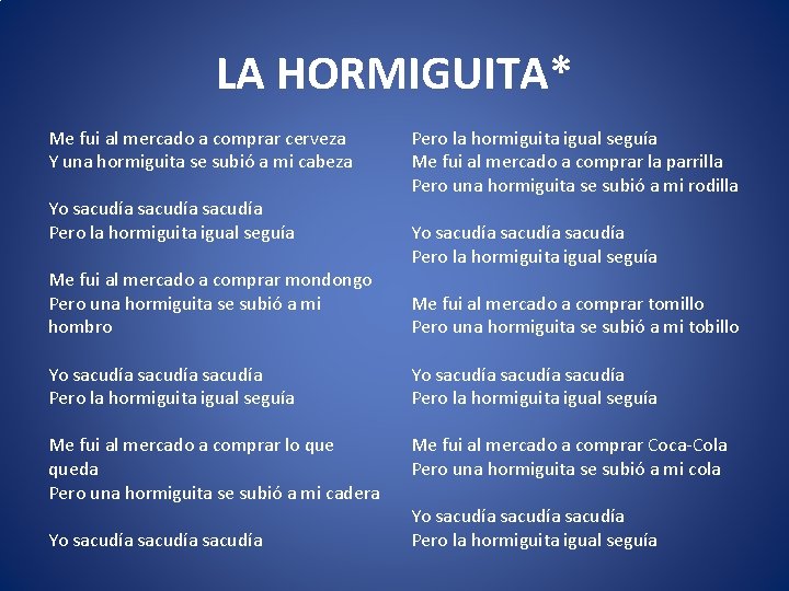 LA HORMIGUITA* Me fui al mercado a comprar cerveza Y una hormiguita se subió