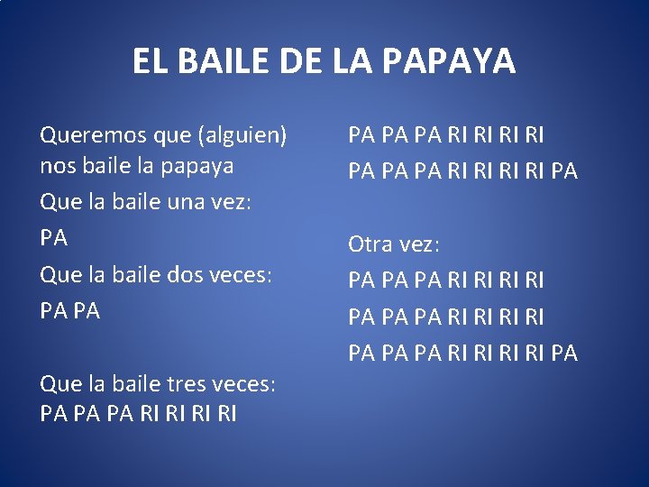 EL BAILE DE LA PAPAYA Queremos que (alguien) nos baile la papaya Que la